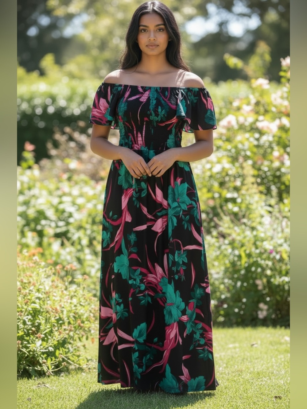 🌺NWOT-WUHOU Black Floral Open Tie Back Smocked Maxi Dress